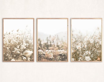 Botanical Print Set of 3, Wildflower Poster, Neutral Floral Wall Art Printable, Bedroom Decor