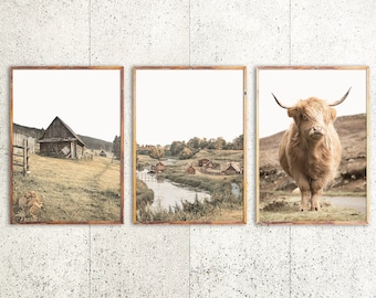Farmhouse Landscape Photography Print Set: Rustic Highland Cow Art, Digital Download