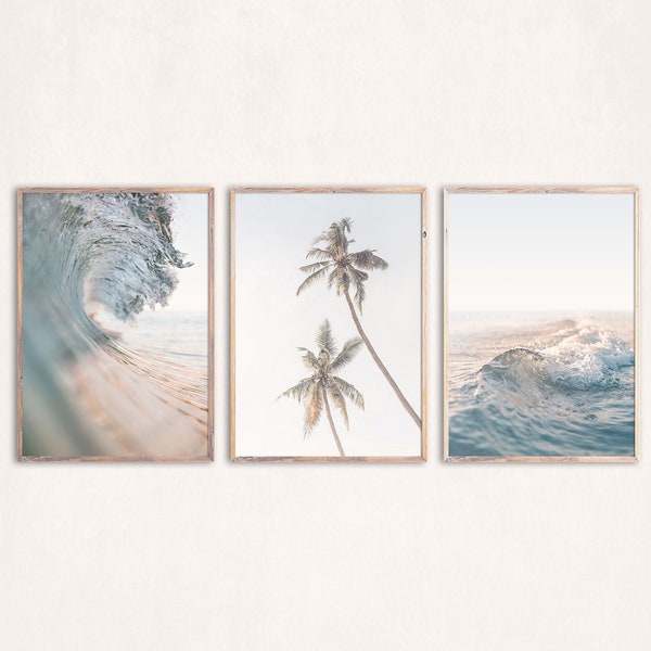 Pastel Beach Print Set of 3 Posters Ocean Printable Beach Wall Art Pastel Decor Neutral Art Print Surf Wall Art Palm Tree Print Coastal Art