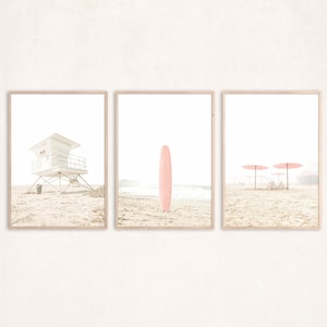 Pastel Beach Print Set Wall Art Neutral Print Set of 3 Art Prints Coastal Decor Beach House Decor Ocean Poster Surfboard Wall Art Surf Print