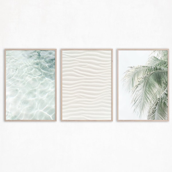 Neutral Beach Print Set of 3 Ocean Prints Beach Wall Decor Sage Green Wall Art Coastal Wall Decor Ocean Printable Palm Tree Wall Art