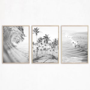 Conjunto de impresión de playa en blanco y negro de 3 Wall Art Beach Photography Print Tropical Wall Art Ocean Poster Surf Decor Coastal Wall Art Palm Print