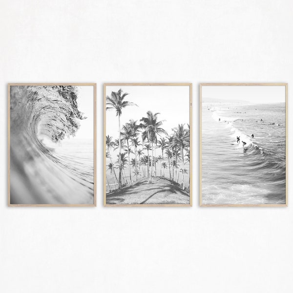 Noir et blanc Plage Print Set de 3 Wall Art Beach Photographie Print Tropical Wall Art Ocean Poster Surf Decor Coastal Wall Art Palm Print