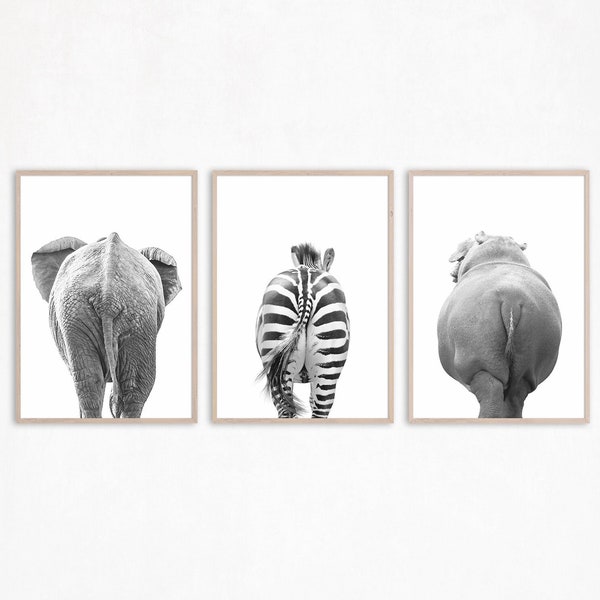 Funny Animal Wall Art Set de 3 Animal Print Drôle de salle de bain Art Animal Poster Toilettes Art Butt Print Safari Animal Printable Bathroom Signs