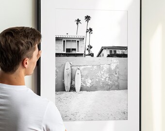Surfboard Print, Black & White Beach Wall Art, Surfing Poster, Surf Wall Decor, Coastal Photo