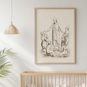 Jesus and Kids Art - Christian Nursery Print, Bible Wall Art, Christ Portrait, Vintage Christian Home Decor, Neutral Nursery Decor