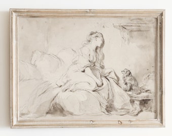 Woman and Dog Sketch Art Print, Neutral Vintage French Country Wall Decor, Printable Art