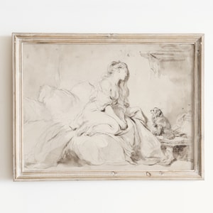 Woman and Dog Art Vintage Sketch Print Neutral Bedroom Decor French Country Decor Farmhouse Wall Art Vintage Poster Art