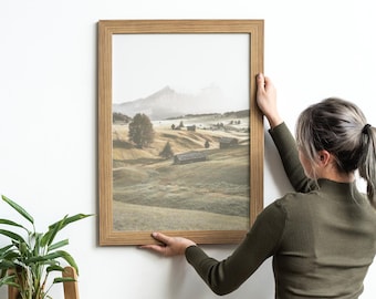 Boerderijlandschapsprint, boerderijposter, neutrale rustieke landfoto, boerderijmuurkunst afdrukbaar