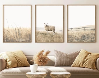 Wheat Field & Sheep Print Set, Neutral Rustic Farmhouse Gallery Wall Art, Digital Download