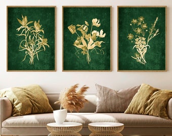 Emerald Green Botanical Print Set, Gold Floral Wall Art, Flower