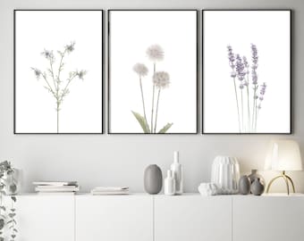 Wildflower Print Set, Botanical Wall Art, Farmhouse Flower Prints, Lavender Floral Decor
