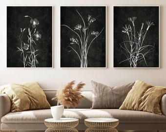 Minimalistisches Poster 3er Set: Minimalistische Blumenkunst, schwarz-weiße Blumen, digitaler Download