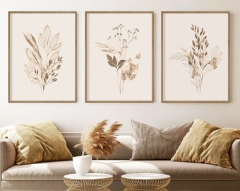 Neutral Wall Art Watercolor Botanical Print Set of 3 Gallery Wall Art Floral Printable Art Wild Flowers Art Modern Living Room Decor