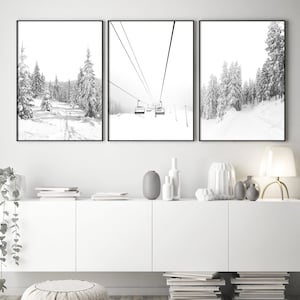 Winter Prints Black and White Print Set of 3 Wall Art Scandinavian Decor Nordic Poster Snow Forest Print Ski Lift Art Chalet Decor Ski Print