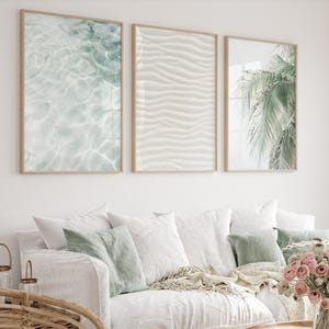 Neutral Beach Print Set, Coastal Sage Green Wall Art, Ocean Printable, Palm Tree Print