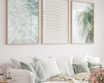 Neutral Beach Print Set, Coastal Sage Green Wall Art, Ocean Printable, Palm Tree Print