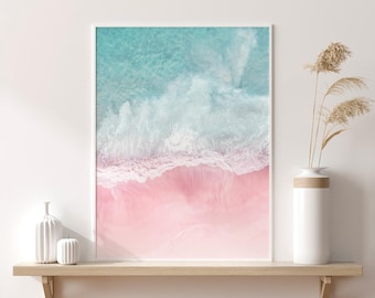 Estampado de playa rosa / Arte de pared costero en tonos pastel con temática oceánica, decoración rosa para dormitorio