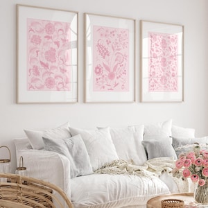 Vintage Floral Prints - Pink Chinoiserie Watercolor Flowers, Blush Pink Wall Art, Botanical Bedroom Decor, Aesthetic Living Room Prints