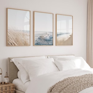 Conjunto de gravuras com tema de praia costeira, arte de parede neutra com tema oceânico, gravuras para quarto, decoração de parede acima da cama.