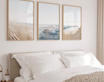 Coastal Beach Print Set, Neutral Ocean Wall Art, Bedroom Prints, Above Bed Wall Decor