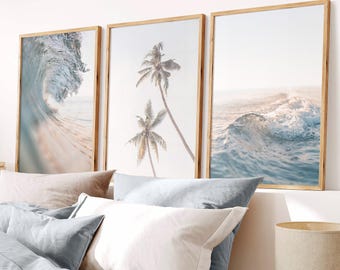Pastel Beach Print Set, Coastal Wall Art, Ocean Poster, Palm Tree, Neutral Surf Decor