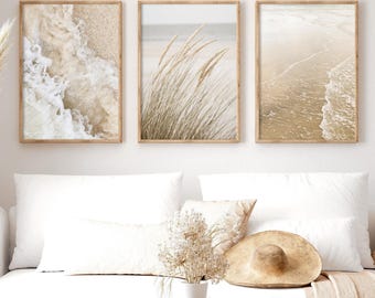 Coastal Beach Print Set, Boho Bedroom Wall Art, Neutral Living Room Posters, Above Bed Decor, BH-32