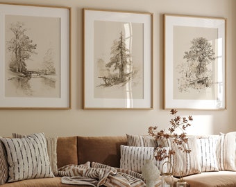 Vintage Forest Sketch Print Set: Neutral Rustic Farmhouse Wall Art, Nature Poster, Digital Download