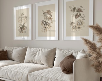 Juego de impresiones de tapiz botánico vintage para pared, decoración rústica de estilo cottagecore neutro, arte textil floral