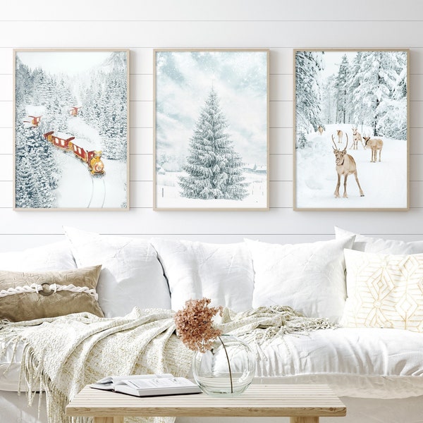 Christmas Print Set 3 Piece Wall Art Winter Decor Holiday Decor Christmas Printables Nordic Christmas Tree Nursery Prints Reindeer Print