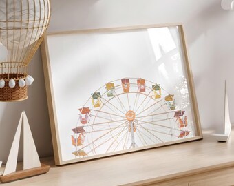 May include: A framed print of a colorful Ferris wheel is displayed on a light wood dresser. Decorative elements include a wicker hot air balloon, paper clouds, and wooden sailboats. The scene evokes a playful, whimsical atmosphere.