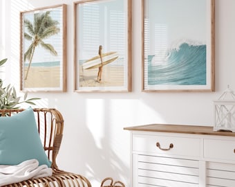 Surf Print Set: Surfer Girl Wall Art, Surfboard Poster, Coastal Beach Wall Decor