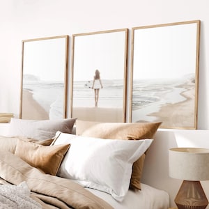 Set of 3 Wall Art Surf Prints: Neutral Coastal Beach Print, Boho Posters for Bedroom, Surfer Girl Print image 1