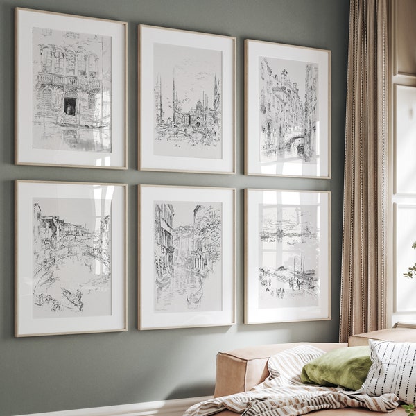 European Architecture Print Set, Venice Sketch Prints, Vintage Italy Wall Art, Minimalist Drawings