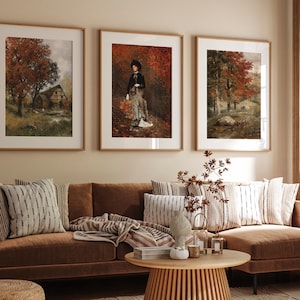 Conjunto de arte mural de otoño: 3 láminas vintage de paisajes otoñales, decoración clásica de estilo rústico, pintura de naturaleza rústica.
