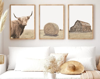 Farmhouse Rustic Prints Set of 3, Country Decor, Neutral Gallery Wall Art, Digital Download