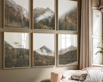 Mountain Wall Art Set of 6, Forest Print, Rustic Nordic Decor, Nature Printable Art