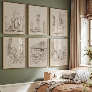 Arte mural de Nueva York: bocetos de ciudades antiguas, impresiones de Nueva York, arte arquitectónico, pintura minimalista, póster de paisaje urbano, decoración de pared neutra
