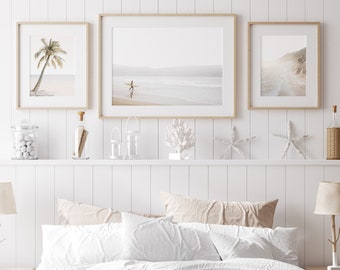 Coastal Beach Prints Set: Neutral Ocean Landscape, Palm Tree, Surf Wall Art, Digital Download