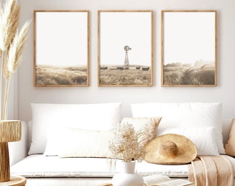 Farmhouse Field Print Set, Neutral Rustic Wall Art, Beige Farmhouse Living Room Decor