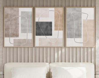 Geometric Art Print Set, Mid-Century Modern Beige & Gray Wall Art, Living Room Poster Printable