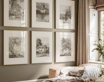 Neutral Gallery Wall Art Set - Vintage Sketch Prints, Landscape Wall Art, Cottagecore Decor, Farmhouse Prints, Nature Forest Print Set of 6