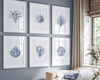 Navy Blue Nautical Print Set: Vintage Sea Life Gallery Wall Art, Digital Download