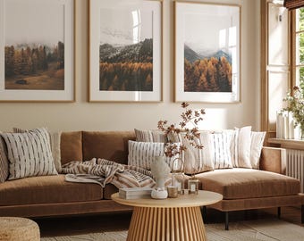 Fall Mountain Wall Art Set of 3, Autumn Forest Prints, Mountain Landscape Decor, Fall Nature Artwork, Autumn Home Decor