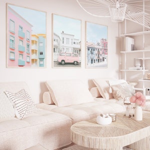 Retro City Prints Blush Pink Wall Art Pastel Room Decor Retro Wall art Set Trendy Prints Travel Posters Architecture Print Pink Van Print