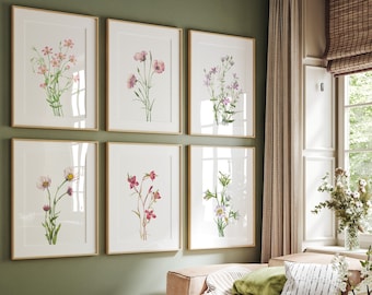 Conjunto de láminas vintage de flores silvestres: arte mural botánico, estampados florales, decoración de estilo rústico y campestre.