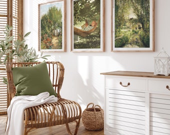 Vintage Garden Landscape Painting: Farmhouse Decor Green Country Cottage Art (Digital Download)