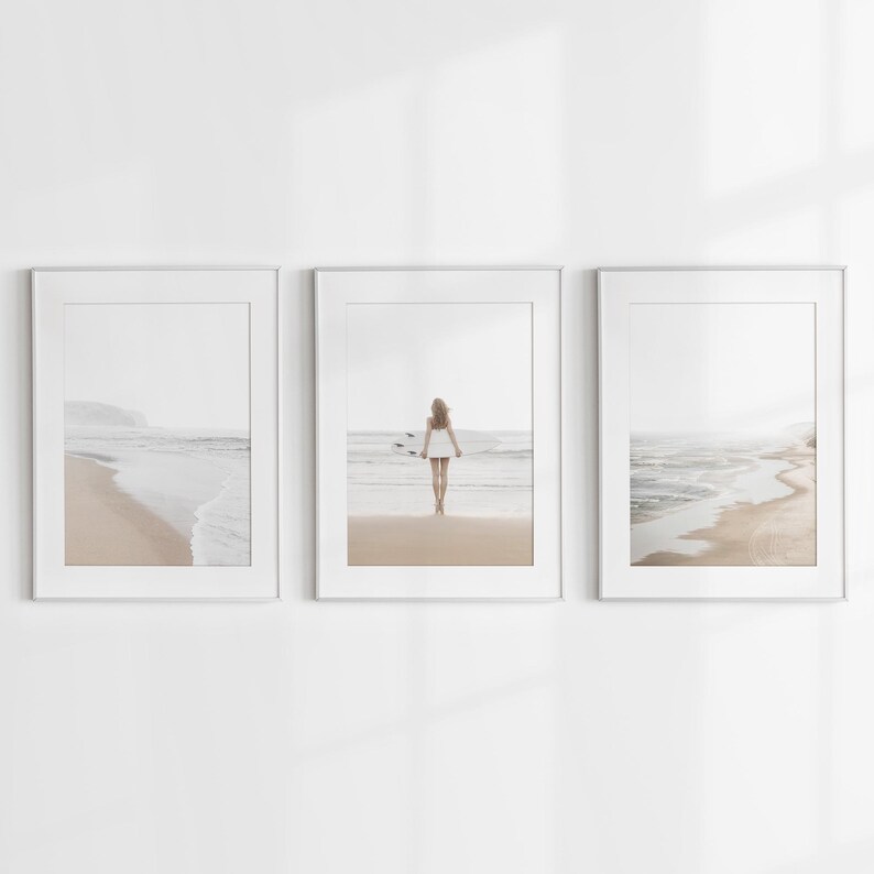Set of 3 Wall Art Surf Prints: Neutral Coastal Beach Print, Boho Posters for Bedroom, Surfer Girl Print image 5