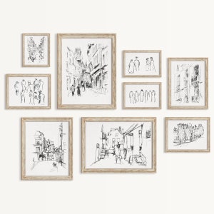 Arte de pared minimalista, conjunto de arte de pared de galería vintage, impresión de boceto de ciudad, dibujo lineal, juego de póster de pared, impresión de arquitectura, dibujo al carboncillo