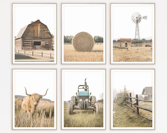 Farmhouse Gallery Wall Art Set: Rustic Country Decor, Barn, Tractor, Windmill, Highland Cow Prints